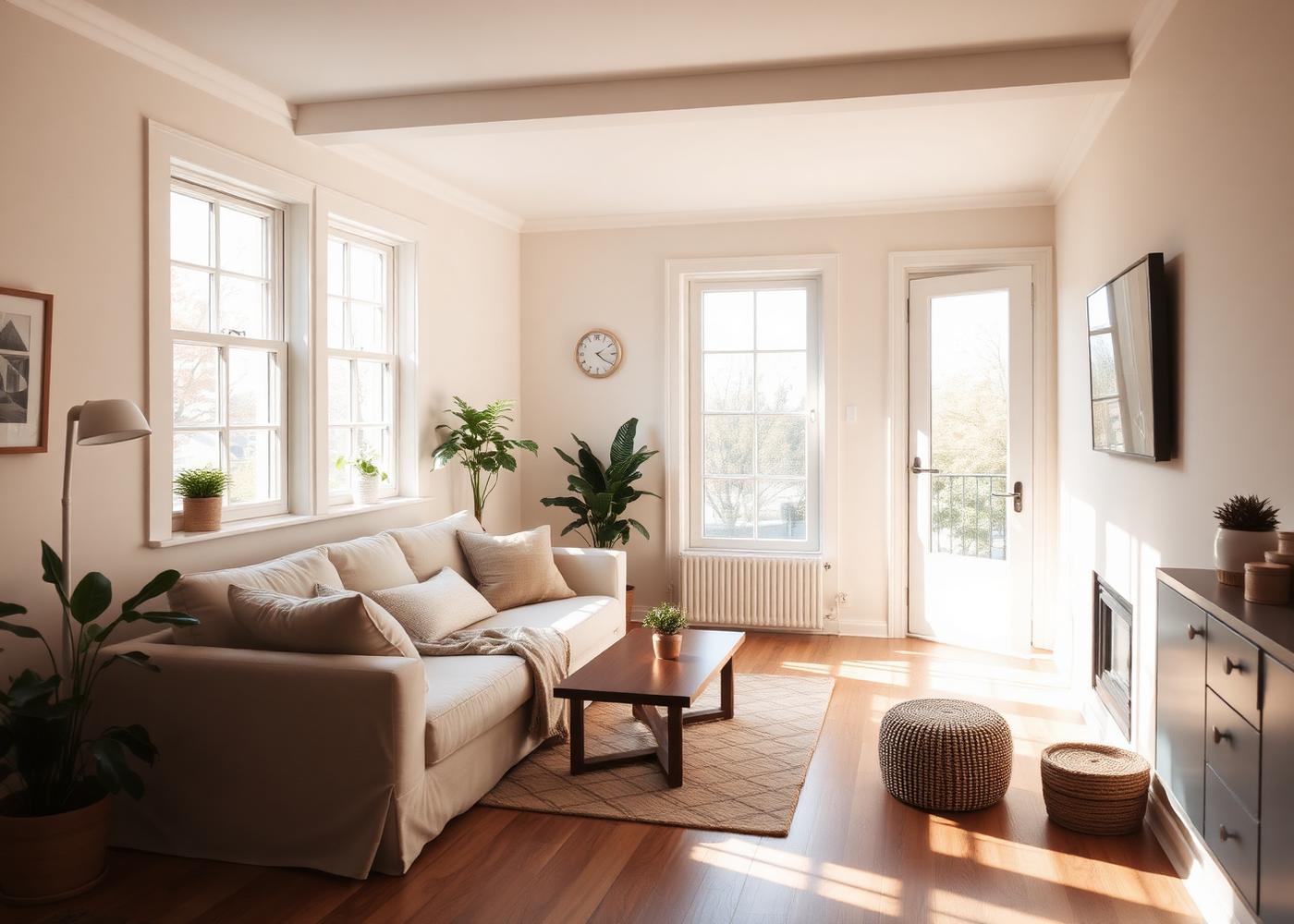 Sunlit living room in a smaller, low-maintenance home
