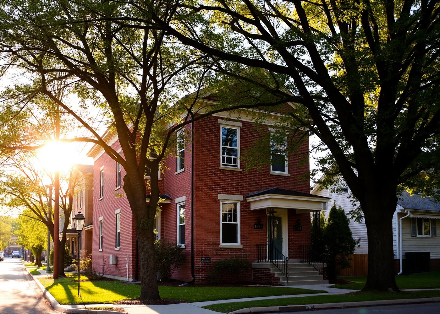Brick multifamily investment property on a tree-lined street